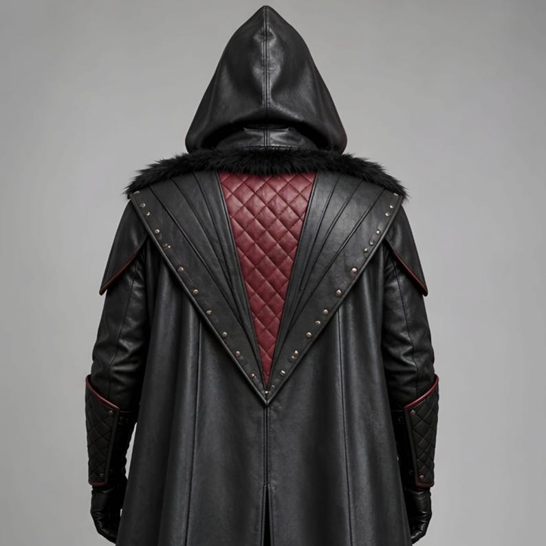 Men’s black and burgundy plague doctor leather costume featuring a long gothic hooded coat, quilted red leather chest panel, fur-trimmed shoulders, lace-up front closure, waist belt, matching leather bracers, gloves, and medieval-style detailing. Front and back views show the full-length dark fantasy coat with red accents, hood, shoulder armor, and flowing silhouette, ideal for Halloween, LARP, gothic cosplay, Renaissance fairs, and medieval fantasy events.