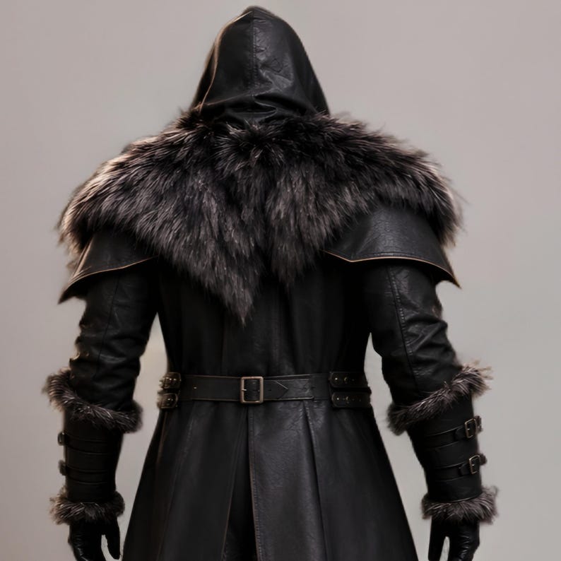 Black leather plague doctor costume with a deep hood, fur-trimmed shoulders, long gothic coat, layered front panels, adjustable leather straps, arm guards, and matching leather leg armor. Dark medieval fantasy outfit with a mysterious plague doctor aesthetic, ideal for Halloween, gothic cosplay, LARP events, horror parties, Renaissance fairs, conventions, theatrical performances, themed photoshoots, and dark fantasy events. Handmade with custom sizing and customization options available.