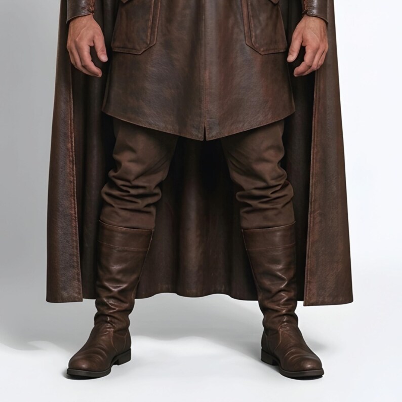 Men’s brown Viking leather tunic with a full-length matching cloak, large light fur shoulder collar, lace-up neckline, wide leather belt, front utility pockets, and matching leather forearm bracers. Front and back views show the sleeveless Norse warrior tunic and long flowing fur-trimmed cloak. Ideal for Viking cosplay, medieval LARP, Renaissance fairs, Halloween, fantasy conventions, stage costumes, and Norse warrior events.