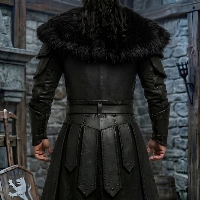 Men’s black Viking leather armor costume with layered chest panels, dramatic black fur shoulder trim, double buckle waist belts, segmented leather battle skirt, matching forearm bracers, and black leg armor. Full front view shows a dark Norse warrior outfit with structured leather detailing and rugged medieval styling. Ideal for Viking cosplay, medieval LARP, Renaissance fairs, Halloween, fantasy conventions, warrior costumes, stage events, and themed photoshoots.