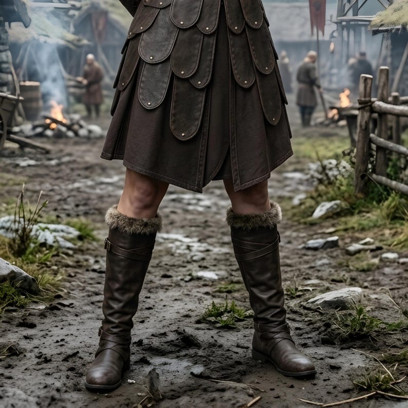 Women’s Viking shieldmaiden costume featuring a brown genuine leather lace-up bodice, soft fur-trimmed shoulders, adjustable waist belt, layered leather warrior skirt panels, matching arm guards, and tall brown boots. The full-body model stands in a misty medieval Norse village surrounded by wooden houses, watchtowers, mountains, campfires, and rustic scenery, creating a realistic Viking warrior look for LARP, cosplay, Renaissance fairs, and Halloween.