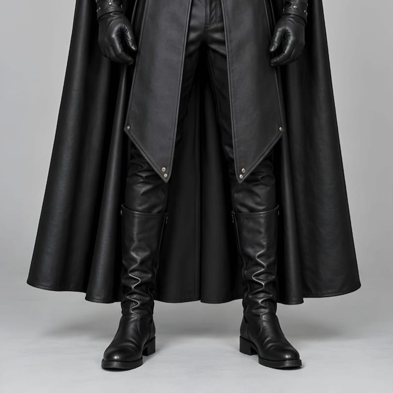 Front view of a man in a black leather wizard costume against a gray studio background. He wears a tall pointed hat, a fitted vest with silver clasps, and a long cloak with black fur trim around the collar and shoulders. Small silver rivets line the shoulder capelet and leather bracers. A buckle belt holds two long pointed waist panels over black trousers. Black gloves and tall boots complete the styling. The model faces forward with his arms relaxed, displaying the full outfit from head to toe.