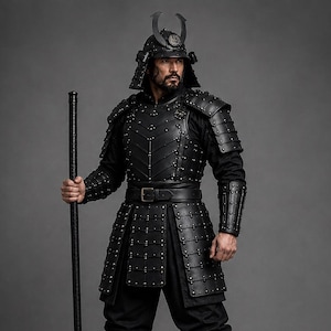 Black samurai armor costume featuring a dark Japanese warrior design with layered leather chest armor, shoulder guards, arm bracers, waist belt, front panels and leg guards. Detailed metal rivets and adjustable straps create a strong medieval LARP and cosplay look. Handmade black leather warrior armor for Halloween, cosplay conventions, Renaissance fairs, photoshoots and fantasy events. Custom sizing is available. Helmet, stick, weapon, footwear and other accessories are not included in photos.