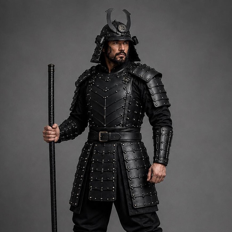 Black samurai armor costume featuring a dark Japanese warrior design with layered leather chest armor, shoulder guards, arm bracers, waist belt, front panels and leg guards. Detailed metal rivets and adjustable straps create a strong medieval LARP and cosplay look. Handmade black leather warrior armor for Halloween, cosplay conventions, Renaissance fairs, photoshoots and fantasy events. Custom sizing is available. Helmet, stick, weapon, footwear and other accessories are not included in photos.