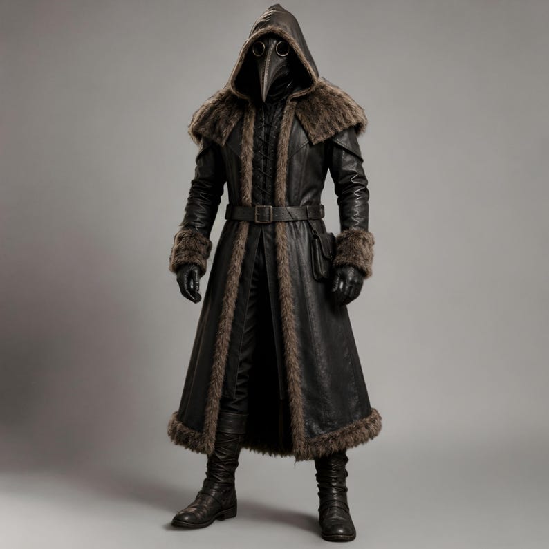 Handcrafted Leather Plague Doctor Costume | Fur Hooded Coat | Gothic Medieval LARP | Halloween Renaissance Outfit