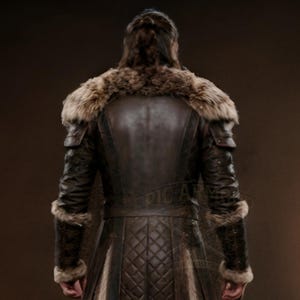 Brown leather Viking fur coat with a long medieval design, wide waist belt, layered leather panels, fur-trimmed collar, front edges and cuffs, and matching leather leg armor. Rugged Norse-inspired cosplay outfit for men, suitable for Halloween, LARP events, Viking cosplay, Renaissance fairs, medieval festivals, fantasy conventions, themed parties and photoshoots. Handmade with custom sizing and design options available.