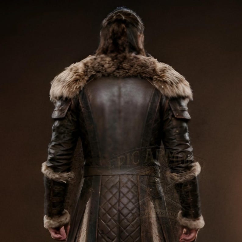 Brown leather Viking fur coat with a long medieval design, wide waist belt, layered leather panels, fur-trimmed collar, front edges and cuffs, and matching leather leg armor. Rugged Norse-inspired cosplay outfit for men, suitable for Halloween, LARP events, Viking cosplay, Renaissance fairs, medieval festivals, fantasy conventions, themed parties and photoshoots. Handmade with custom sizing and design options available.