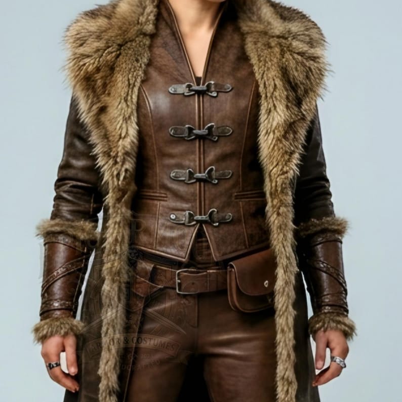 Women’s brown Viking leather fur coat costume featuring a dramatic fur-trimmed collar, long medieval warrior silhouette, fitted waist, front metal closures, leather belt, matching pants, wrist guards, and lace-up boots. Handmade Shieldmaiden-inspired outfit for Halloween, Viking cosplay, LARP events, Renaissance fairs, medieval festivals, fantasy conventions, Norse-themed parties, winter events, stage performances, warrior photoshoots, and custom made-to-measure costume styling for cosplay fans