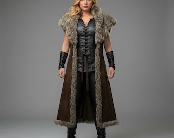 Women Medieval Fur Coat Viking Warrior Costume Norse Leather Long Winter Cloak Armor