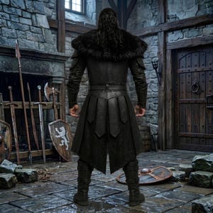 Men’s black Viking leather armor costume with layered chest panels, dramatic black fur shoulder trim, double buckle waist belts, segmented leather battle skirt, matching forearm bracers, and black leg armor. Full front view shows a dark Norse warrior outfit with structured leather detailing and rugged medieval styling. Ideal for Viking cosplay, medieval LARP, Renaissance fairs, Halloween, fantasy conventions, warrior costumes, stage events, and themed photoshoots.