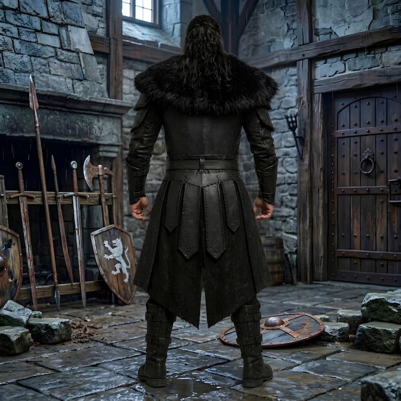 Men’s black Viking leather armor costume with layered chest panels, dramatic black fur shoulder trim, double buckle waist belts, segmented leather battle skirt, matching forearm bracers, and black leg armor. Full front view shows a dark Norse warrior outfit with structured leather detailing and rugged medieval styling. Ideal for Viking cosplay, medieval LARP, Renaissance fairs, Halloween, fantasy conventions, warrior costumes, stage events, and themed photoshoots.