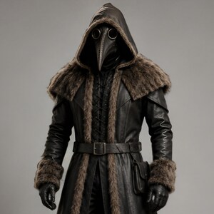 Black leather plague doctor coat with a dramatic fur-trimmed hood, shoulders, cuffs, front edges, and hem. Long medieval-inspired silhouette with lace-up front, wide adjustable leather belt, fitted sleeves, and dark gothic styling. Ideal for plague doctor cosplay, Halloween costume, LARP, Renaissance fairs, medieval festivals, fantasy events, gothic photoshoots, theatrical performances, and themed parties. Handmade leather costume coat with custom sizing available for a personalized fit.