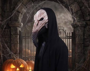 Plague Doctor Mask Halloween Costume Bird Beak Hooded Cosplay Adult Cracked Texture