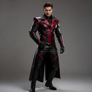 Puede incluir: Un abrigo largo de cuero negro con detalles rojos, un diseño largo y un cuello distintivo. El conjunto incluye pantalones y guantes de cuero negro a juego. El estilo general es elegante y moderno.