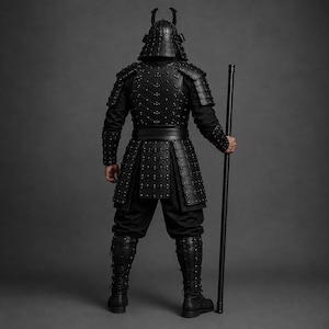 Black samurai armor costume featuring a dark Japanese warrior design with layered leather chest armor, shoulder guards, arm bracers, waist belt, front panels and leg guards. Detailed metal rivets and adjustable straps create a strong medieval LARP and cosplay look. Handmade black leather warrior armor for Halloween, cosplay conventions, Renaissance fairs, photoshoots and fantasy events. Custom sizing is available. Helmet, stick, weapon, footwear and other accessories are not included in photos.