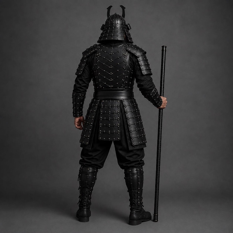 Black samurai armor costume featuring a dark Japanese warrior design with layered leather chest armor, shoulder guards, arm bracers, waist belt, front panels and leg guards. Detailed metal rivets and adjustable straps create a strong medieval LARP and cosplay look. Handmade black leather warrior armor for Halloween, cosplay conventions, Renaissance fairs, photoshoots and fantasy events. Custom sizing is available. Helmet, stick, weapon, footwear and other accessories are not included in photos.