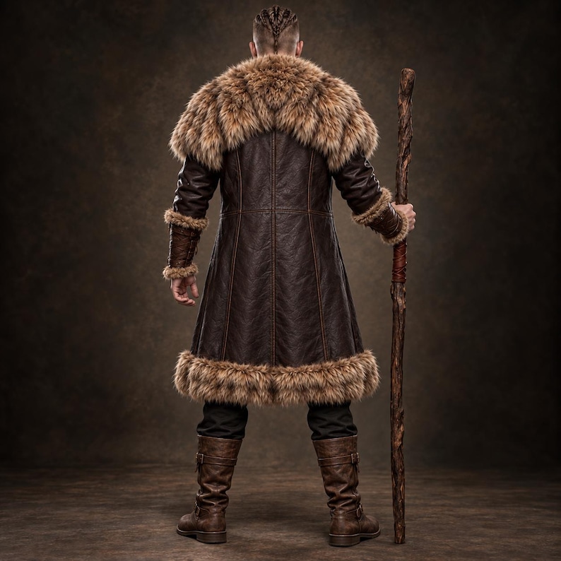 Men’s Viking warrior leather coat in rugged brown with a long medieval silhouette, wide synthetic faux fur collar, fur-trimmed cuffs and hem, front leather straps, metal buckle closures, and detailed stitched panels. The costume is styled over dark clothing for a bold Norse warrior look. Ideal for Viking cosplay, medieval LARP, Renaissance fairs, Halloween costumes, fantasy events, themed parties, stage performances, conventions, and dramatic medieval photoshoots.