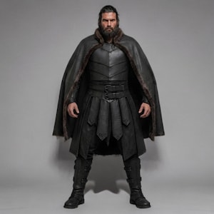 Front view of a bearded man wearing black leather Viking armor against a gray studio background. Layered angular chest panels sit above two waist buckles and long pointed leather skirt panels. A broad black cloak drapes over his shoulders, with dark brown fur edging around the collar and open front. Matching bracers cover his forearms, while strapped leg guards cover his shins over black trousers. He stands facing forward with his arms at his sides, showing the full costume and black lace boots.