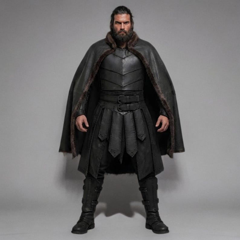 Handcrafted Viking Leather Armor Costume | Mens Black Medieval Warrior Outfit Fur Cloak for Halloween