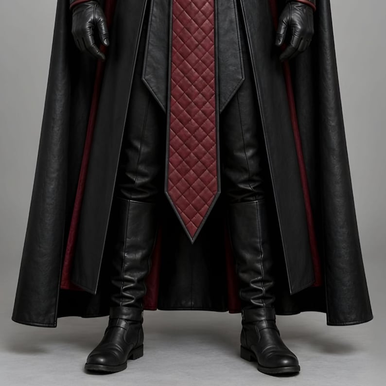 Men’s black and burgundy plague doctor leather costume featuring a long gothic hooded coat, quilted red leather chest panel, fur-trimmed shoulders, lace-up front closure, waist belt, matching leather bracers, gloves, and medieval-style detailing. Front and back views show the full-length dark fantasy coat with red accents, hood, shoulder armor, and flowing silhouette, ideal for Halloween, LARP, gothic cosplay, Renaissance fairs, and medieval fantasy events.