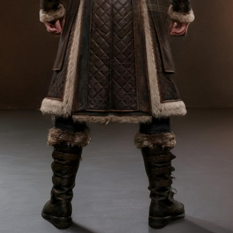 Brown leather Viking fur coat with a long medieval design, wide waist belt, layered leather panels, fur-trimmed collar, front edges and cuffs, and matching leather leg armor. Rugged Norse-inspired cosplay outfit for men, suitable for Halloween, LARP events, Viking cosplay, Renaissance fairs, medieval festivals, fantasy conventions, themed parties and photoshoots. Handmade with custom sizing and design options available.