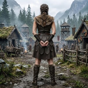 Women’s Viking shieldmaiden costume featuring a brown genuine leather lace-up bodice, soft fur-trimmed shoulders, adjustable waist belt, layered leather warrior skirt panels, matching arm guards, and tall brown boots. The full-body model stands in a misty medieval Norse village surrounded by wooden houses, watchtowers, mountains, campfires, and rustic scenery, creating a realistic Viking warrior look for LARP, cosplay, Renaissance fairs, and Halloween.