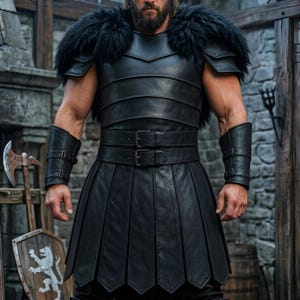 Men’s black Viking leather armor costume with layered chest panels, dramatic black fur shoulder trim, double buckle waist belts, segmented leather battle skirt, matching forearm bracers, and black leg armor. Full front view shows a dark Norse warrior outfit with structured leather detailing and rugged medieval styling. Ideal for Viking cosplay, medieval LARP, Renaissance fairs, Halloween, fantasy conventions, warrior costumes, stage events, and themed photoshoots.