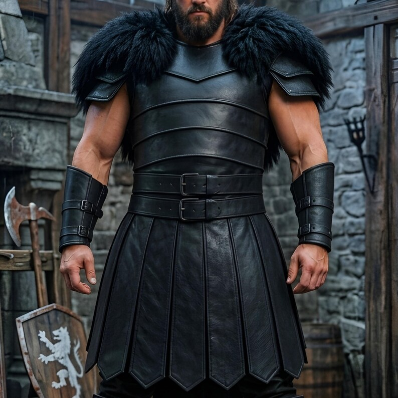 Men’s black Viking leather armor costume with layered chest panels, dramatic black fur shoulder trim, double buckle waist belts, segmented leather battle skirt, matching forearm bracers, and black leg armor. Full front view shows a dark Norse warrior outfit with structured leather detailing and rugged medieval styling. Ideal for Viking cosplay, medieval LARP, Renaissance fairs, Halloween, fantasy conventions, warrior costumes, stage events, and themed photoshoots.