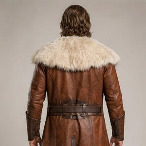 Front and back views of a handmade men’s brown leather Viking coat costume featuring a long medieval warrior design, wide cream fur shoulder collar, lace-up front, metal buckle closures, waist belt, dark leather trim, fitted sleeves, wrist guards, split coat hem, matching brown trousers, and tall leather boots. Rustic fantasy outfit inspired by Norse styles, ideal for Viking cosplay, Renaissance fairs, LARP events, Halloween costumes, stage performances, themed parties, and fantasy photoshoots.