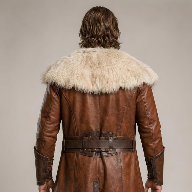 Front and back views of a handmade men’s brown leather Viking coat costume featuring a long medieval warrior design, wide cream fur shoulder collar, lace-up front, metal buckle closures, waist belt, dark leather trim, fitted sleeves, wrist guards, split coat hem, matching brown trousers, and tall leather boots. Rustic fantasy outfit inspired by Norse styles, ideal for Viking cosplay, Renaissance fairs, LARP events, Halloween costumes, stage performances, themed parties, and fantasy photoshoots.