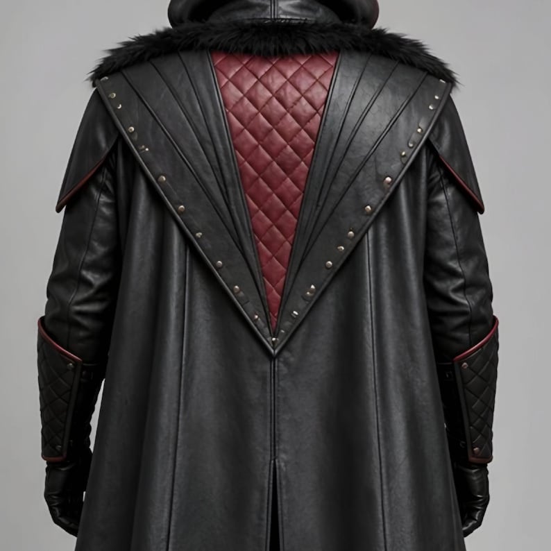 Men’s black and burgundy plague doctor leather costume featuring a long gothic hooded coat, quilted red leather chest panel, fur-trimmed shoulders, lace-up front closure, waist belt, matching leather bracers, gloves, and medieval-style detailing. Front and back views show the full-length dark fantasy coat with red accents, hood, shoulder armor, and flowing silhouette, ideal for Halloween, LARP, gothic cosplay, Renaissance fairs, and medieval fantasy events.