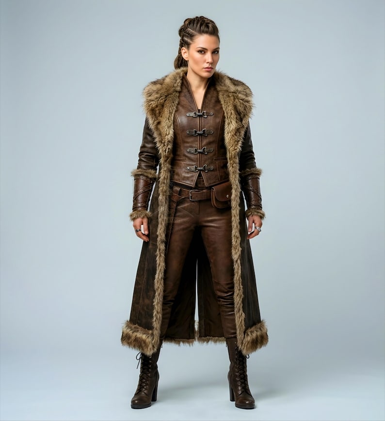 Medieval Women’s Brown Viking Leather Fur Coat | Shieldmaiden Halloween Costume LARP Renaissance Faire Cosplay