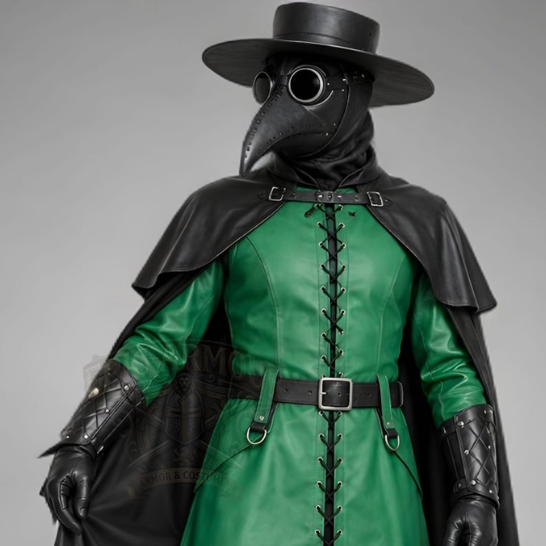 Man wearing a green leather plague doctor costume with a long lace-up coat, black buckle belt and flowing black cloak. A shoulder capelet frames the upper body, while quilted black bracers cover the forearms. The outfit is styled with black gloves, leg guards, boots, a wide-brimmed hat and a beaked mask with round eyepieces. He holds edge of the cloak and stands against a plain gray background. The vivid green coat contrasts with the black accessories, showing the costume's gothic fantasy style.
