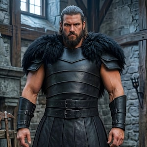 Men’s black Viking leather armor costume with layered chest panels, dramatic black fur shoulder trim, double buckle waist belts, segmented leather battle skirt, matching forearm bracers, and black leg armor. Full front view shows a dark Norse warrior outfit with structured leather detailing and rugged medieval styling. Ideal for Viking cosplay, medieval LARP, Renaissance fairs, Halloween, fantasy conventions, warrior costumes, stage events, and themed photoshoots.