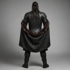 Front view of a bearded man wearing black leather Viking armor against a gray studio background. Layered angular chest panels sit above two waist buckles and long pointed leather skirt panels. A broad black cloak drapes over his shoulders, with dark brown fur edging around the collar and open front. Matching bracers cover his forearms, while strapped leg guards cover his shins over black trousers. He stands facing forward with his arms at his sides, showing the full costume and black lace boots.