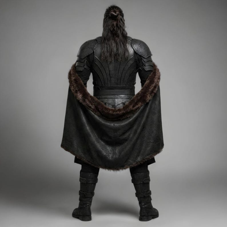 Front view of a bearded man wearing black leather Viking armor against a gray studio background. Layered angular chest panels sit above two waist buckles and long pointed leather skirt panels. A broad black cloak drapes over his shoulders, with dark brown fur edging around the collar and open front. Matching bracers cover his forearms, while strapped leg guards cover his shins over black trousers. He stands facing forward with his arms at his sides, showing the full costume and black lace boots.