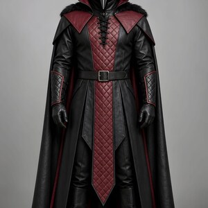 Men’s black and burgundy plague doctor leather costume featuring a long gothic hooded coat, quilted red leather chest panel, fur-trimmed shoulders, lace-up front closure, waist belt, matching leather bracers, gloves, and medieval-style detailing. Front and back views show the full-length dark fantasy coat with red accents, hood, shoulder armor, and flowing silhouette, ideal for Halloween, LARP, gothic cosplay, Renaissance fairs, and medieval fantasy events.