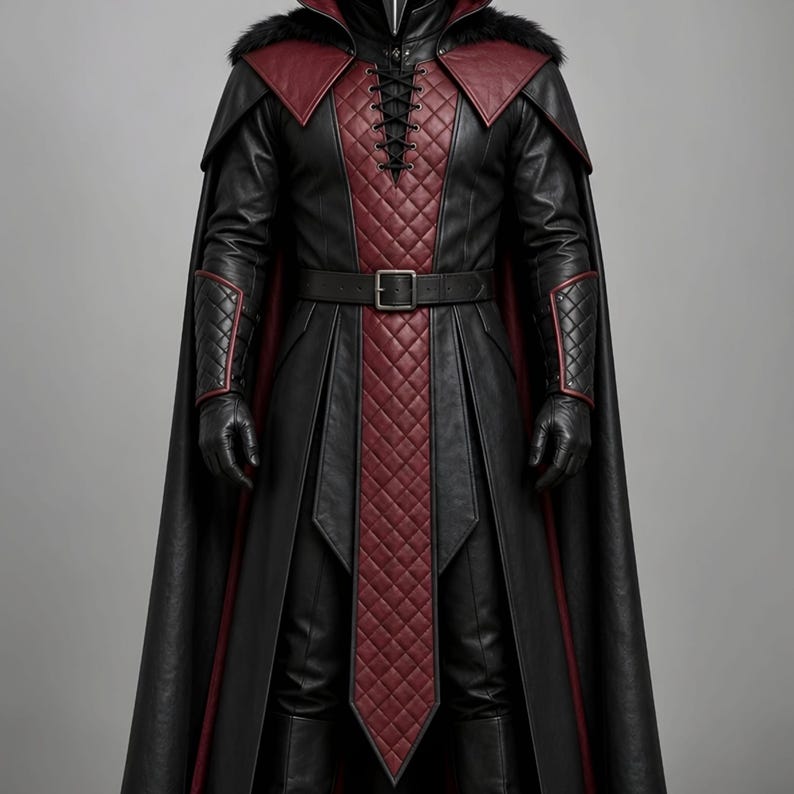 Men’s black and burgundy plague doctor leather costume featuring a long gothic hooded coat, quilted red leather chest panel, fur-trimmed shoulders, lace-up front closure, waist belt, matching leather bracers, gloves, and medieval-style detailing. Front and back views show the full-length dark fantasy coat with red accents, hood, shoulder armor, and flowing silhouette, ideal for Halloween, LARP, gothic cosplay, Renaissance fairs, and medieval fantasy events.
