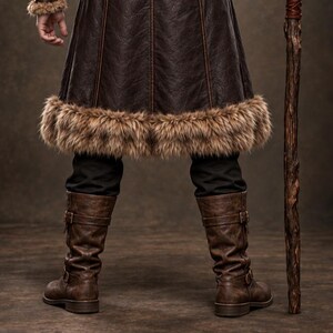 Men’s Viking warrior leather coat in rugged brown with a long medieval silhouette, wide synthetic faux fur collar, fur-trimmed cuffs and hem, front leather straps, metal buckle closures, and detailed stitched panels. The costume is styled over dark clothing for a bold Norse warrior look. Ideal for Viking cosplay, medieval LARP, Renaissance fairs, Halloween costumes, fantasy events, themed parties, stage performances, conventions, and dramatic medieval photoshoots.