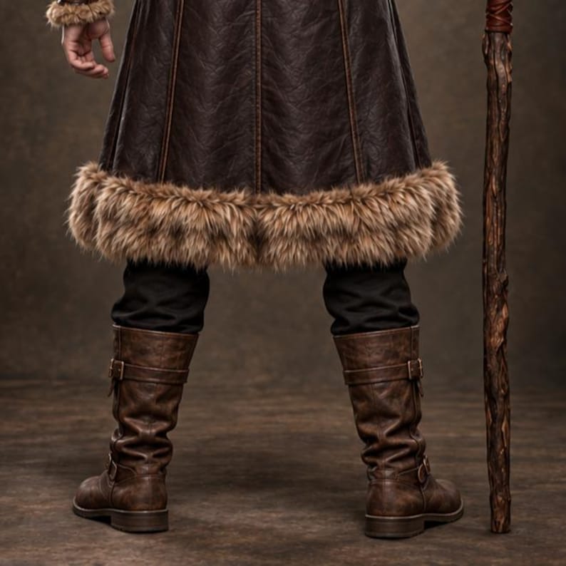 Men’s Viking warrior leather coat in rugged brown with a long medieval silhouette, wide synthetic faux fur collar, fur-trimmed cuffs and hem, front leather straps, metal buckle closures, and detailed stitched panels. The costume is styled over dark clothing for a bold Norse warrior look. Ideal for Viking cosplay, medieval LARP, Renaissance fairs, Halloween costumes, fantasy events, themed parties, stage performances, conventions, and dramatic medieval photoshoots.