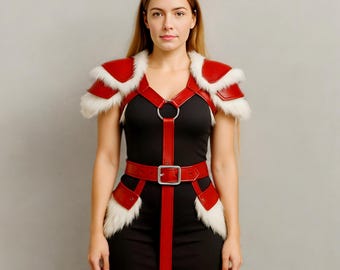 Red Leather Fur Trim Cosplay Armor Shoulder Belt Skirt Costume Women LARP Outfit Set