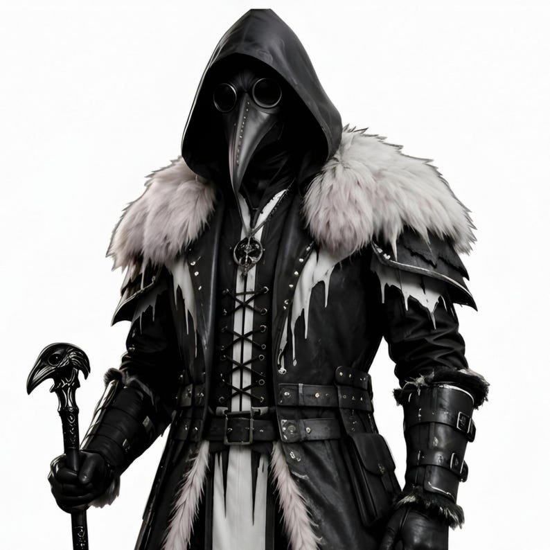 Men's Viking leather armor costume featuring a sleeveless lace-up inner leather vest and separate long-sleeve outer Viking coat with fur-trimmed shoulder armor. Medieval warrior design with adjustable straps, simple belt buckle, layered leather panels and rugged fur trim. Handmade LARP cosplay outfit for Halloween, winter events, Renaissance fairs, rave parties, fantasy conventions, medieval festivals and photoshoots. Custom sizing and customization available. Boots not included; matching boot
