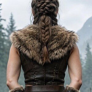 Women’s Viking shieldmaiden costume featuring a brown genuine leather lace-up bodice, soft fur-trimmed shoulders, adjustable waist belt, layered leather warrior skirt panels, matching arm guards, and tall brown boots. The full-body model stands in a misty medieval Norse village surrounded by wooden houses, watchtowers, mountains, campfires, and rustic scenery, creating a realistic Viking warrior look for LARP, cosplay, Renaissance fairs, and Halloween.