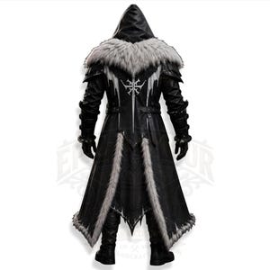 Men's Viking leather armor costume featuring a sleeveless lace-up inner leather vest and separate long-sleeve outer Viking coat with fur-trimmed shoulder armor. Medieval warrior design with adjustable straps, simple belt buckle, layered leather panels and rugged fur trim. Handmade LARP cosplay outfit for Halloween, winter events, Renaissance fairs, rave parties, fantasy conventions, medieval festivals and photoshoots. Custom sizing and customization available. Boots not included; matching boot