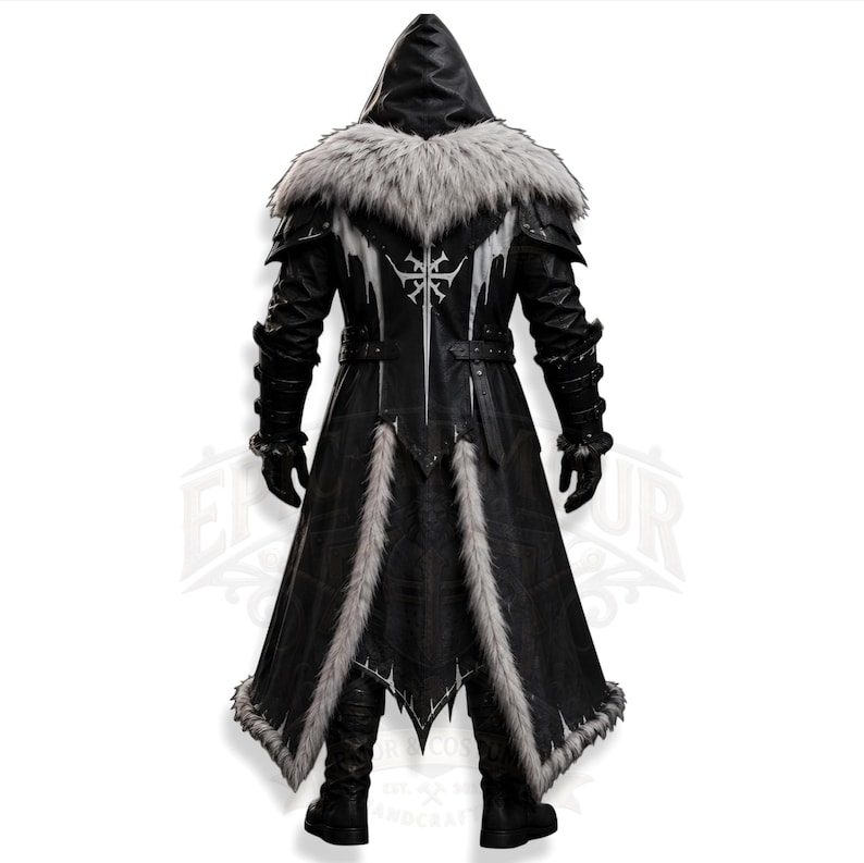 Men's Viking leather armor costume featuring a sleeveless lace-up inner leather vest and separate long-sleeve outer Viking coat with fur-trimmed shoulder armor. Medieval warrior design with adjustable straps, simple belt buckle, layered leather panels and rugged fur trim. Handmade LARP cosplay outfit for Halloween, winter events, Renaissance fairs, rave parties, fantasy conventions, medieval festivals and photoshoots. Custom sizing and customization available. Boots not included; matching boot