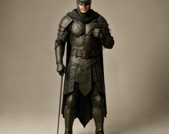 Puede incluir: Una persona con un disfraz de Batman gris oscuro, que incluye una capucha, capa, armadura y botas. La persona sostiene un bastón y tiene una expresión seria. El disfraz es de estilo medieval.