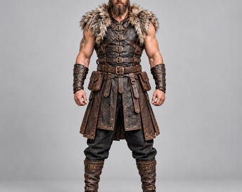 Men’s Viking Leather Armor | Brown Norse Warrior Costume Faux Fur | Medieval Halloween LARP Outfit