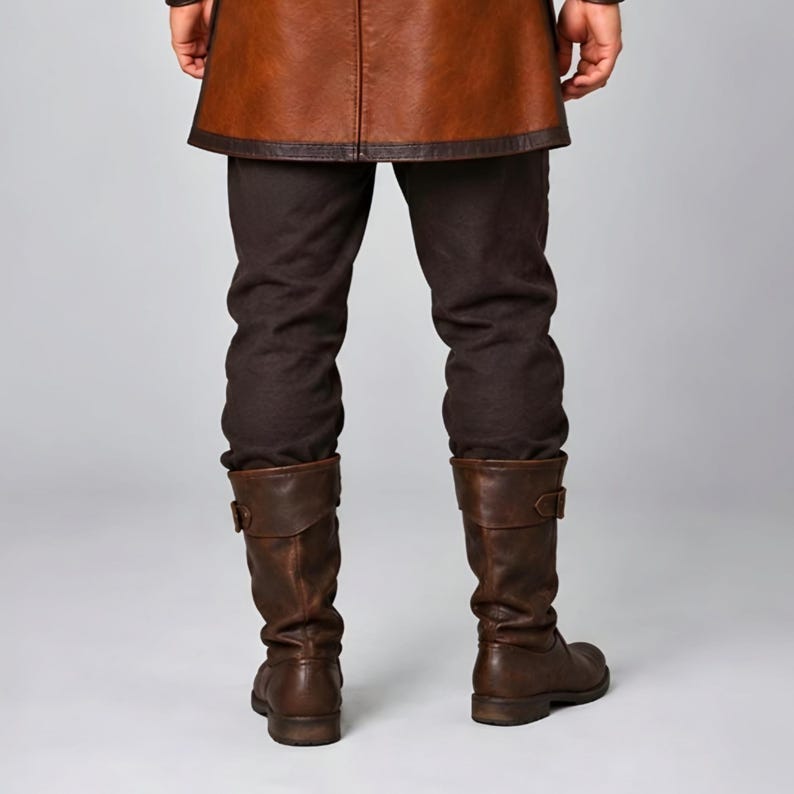 Men’s Viking leather tunic costume in brown leather with a wide fur shoulder collar, dark brown trim, adjustable buckle closures, waist belt, utility pouches, and matching leather forearm bracers. Front and back views show the knee-length Norse warrior tunic with short sleeves, fur across the shoulders, fitted belt, and medieval detailing. Ideal for Viking cosplay, LARP, Renaissance fairs, Halloween, fantasy events, and Norse warrior costumes.