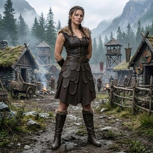 Women’s Viking shieldmaiden costume featuring a brown genuine leather lace-up bodice, soft fur-trimmed shoulders, adjustable waist belt, layered leather warrior skirt panels, matching arm guards, and tall brown boots. The full-body model stands in a misty medieval Norse village surrounded by wooden houses, watchtowers, mountains, campfires, and rustic scenery, creating a realistic Viking warrior look for LARP, cosplay, Renaissance fairs, and Halloween.