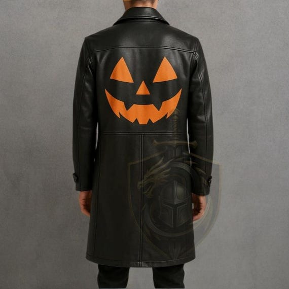 Halloween Pumpkin Face Leather Trench Coat Men's Gothic Long